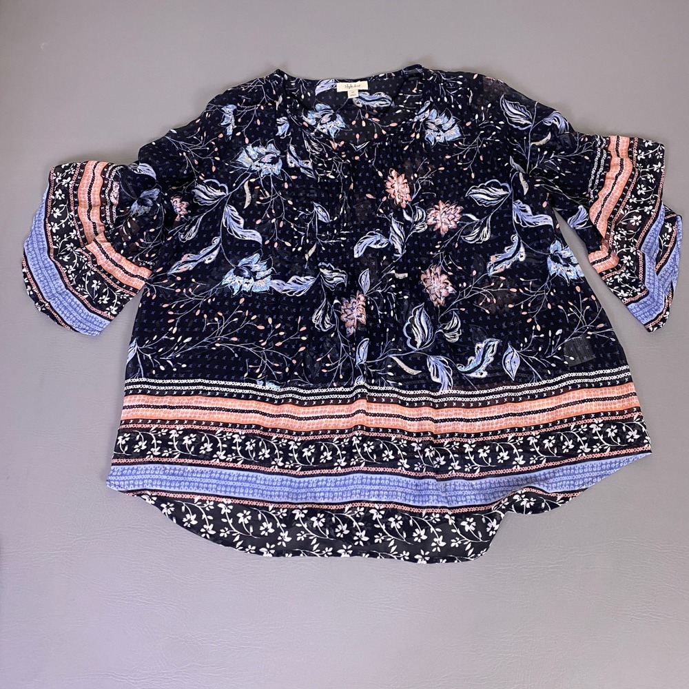 Style & Co Pintuck Blouse Top Women's 1X Black Floral Boho Chiffon Bell Sleeve‎